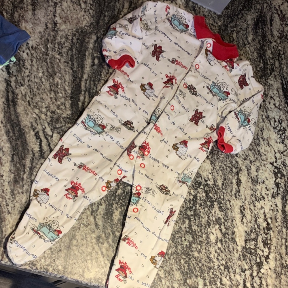 Marks & Spencer White Footed One-Piece with Red Trim and Multicolor Prints